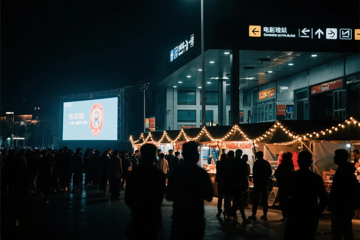 费城球迷广场夜景：大屏观赛人群、步行指示牌与公共交通入口